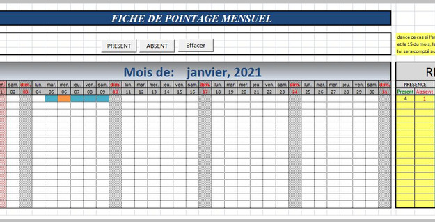 Feuille de pointage mensuelle excel gratuit